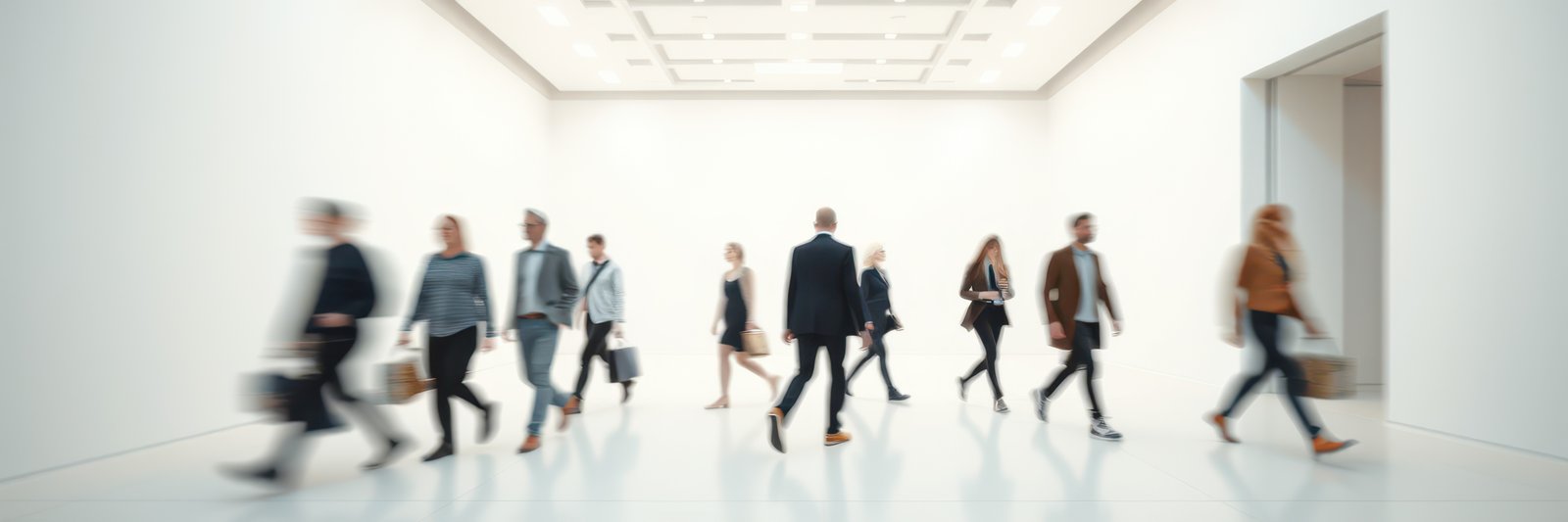 Busy people walking in a modern art gallery with bright white walls and a clean aesthetic